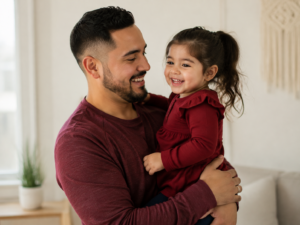Father and daughter smiling together